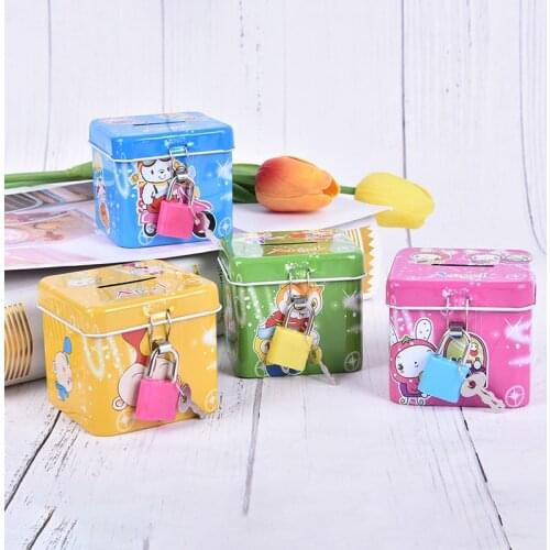 Cartoon Cute Square Tin Metal Piggy Bank Saving Cash Coin Money Box Children Toy Kids Gifts With Lock Random Color