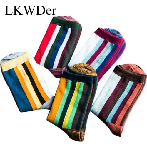 LKWDer 5 Pairs Mens Long Tube Socks Fashion Rainbow Striped Socks Men Trend Happy Socks Autumn Winter Cotton Calcetines Hombre
