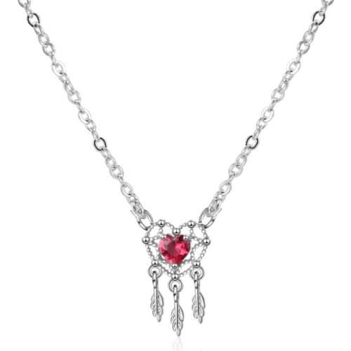 New Hot Heart Crystal Net Feather Pendant Necklace For Women Short Clavicle Chain Choker Necklace Simple Sweet Jewelry SAN17