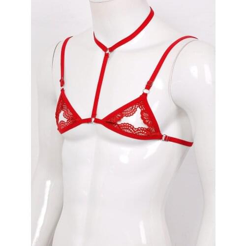 Sexy Mens Sissy Erotic Underwear Lace Lingerie Halter Adjustable Straps Wire-free Unlined Mini Male Bra Tops Evening Parties