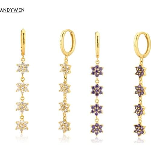 ANDYWEN 925 Sterling Silver Flower Six Zircon Drop Earring 8.5mm Women Fashion Luxury Jewelry Wedding Crystal Jewels Rock Punk