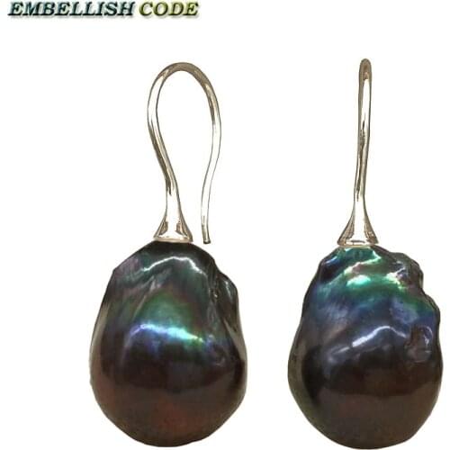 Baroque pearl flame ball style hook dangle earring black blue brown colorful natural pearls 925 Sterling silver for lady