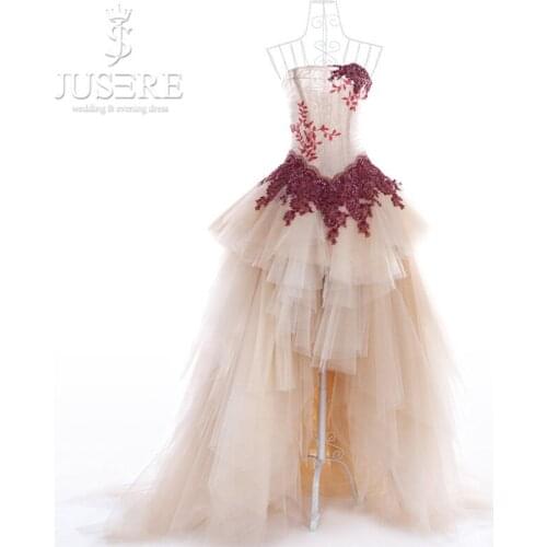 Sexy Asymmetrical Long Strapless Corset Champagne Tulle Red Appliques Sweep Train Tiered Peplum Hi-low EmbroideryProm Dress 2018