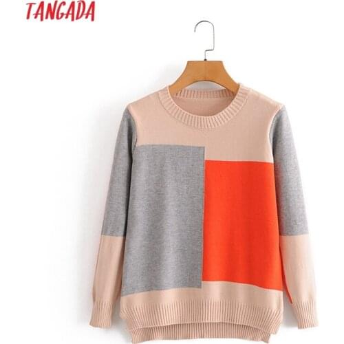 Tangada Women 2020 Fashion Color Block Knitted Sweater jumper O Neck Female Oversize Pullovers Chic Tops 3A45