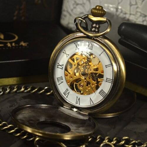 TIEDAN Steampunk Luxury Fashion Antique Skeleton Mechanical Pocket Watch Men Chain Necklace Business Casual Pocket & Fob Watches
