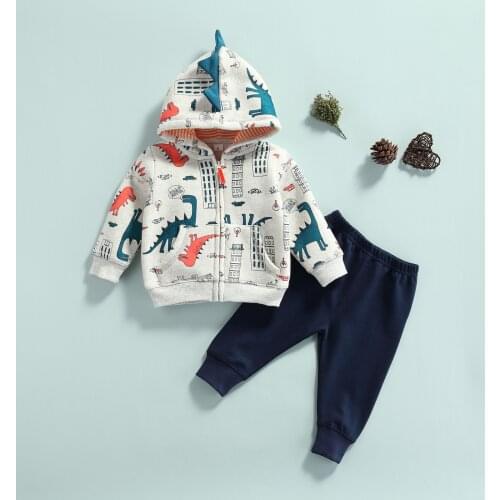 Baby Boys Two-piece Clothes Set Dinosaur Printed Pattern Long Sleeve Zipper Hooded Sweatshirt and Solid Color Pants