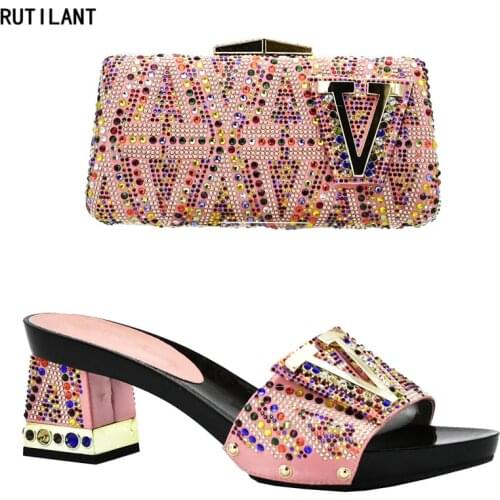 African Matching Shoes and Bag Italian In Women Matching Italian Shoe and Bag Set Decorated with Rhinestone Party Shoes with Bag