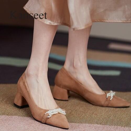 Kanseet Pearls Decoration Genuine Leather Wedding Party Dress Shoes 2021 Spring Autumn Mid Heel Women Pumps Shallow Female Shoes