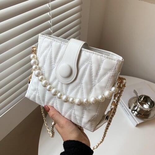 Vintage Women PU Leather Pearl Chain Crossbody Shoulder Messenger Bag Casual Ladies Solid Color Small Handbags Purse