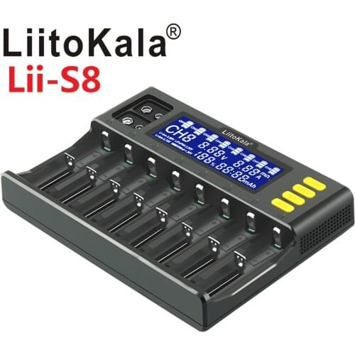 LiitoKala Lii-S8 8 Slots LCD Battery Charger for Li-ion LiFePO4 Ni-MH Ni-Cd 9V 21700 20700 26650 18650 RCR123 18700