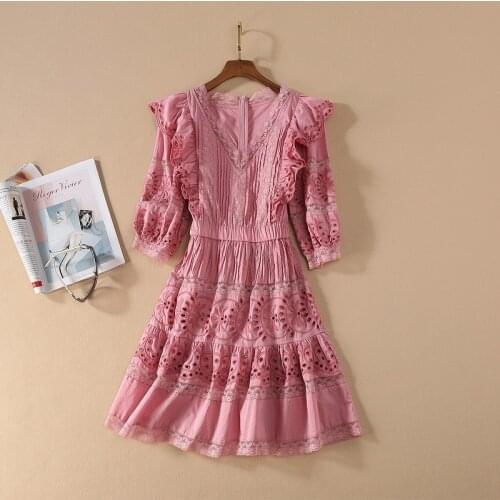 Womens European and American wear 2021 summer new style Seven-point sleeve V-neck hollowed-out lace Fashionable dress