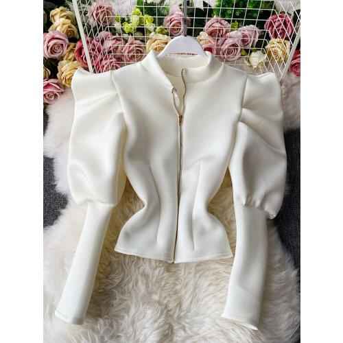 Womens Blusas Mujer Solid Stand Collar Puff Sleeve Autumn Ins High Fashion Women Blouses Vintage Korean Elegant Shirts GX1462