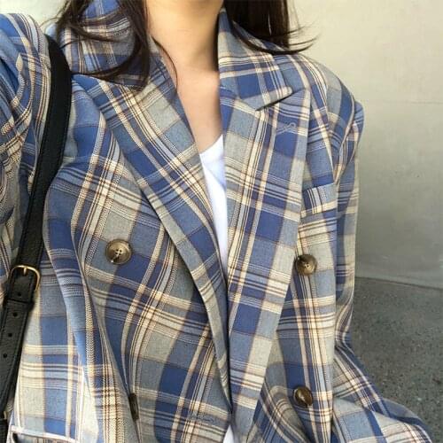 Womens Blazer 2021 Autumn New Contrast Jacket Retro Plaid Fashion Korean Loose Casual Splicing Design Jacket Top Coat Outerwear
