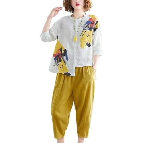 Women 2021 Summer New Pattern Office Lady Style O Collar Geometric Pattern Seven Sleeve Calf Length Wide Leg Pants Suit D7