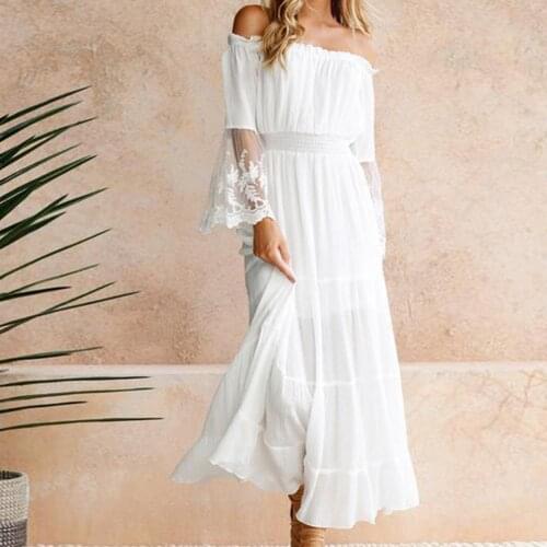 2021 Female Strapless Long Sleeve Sundress Womens White Beach Dress Summer Loose Sexy Off Shoulder Lace Boho Maxi Dress Feme