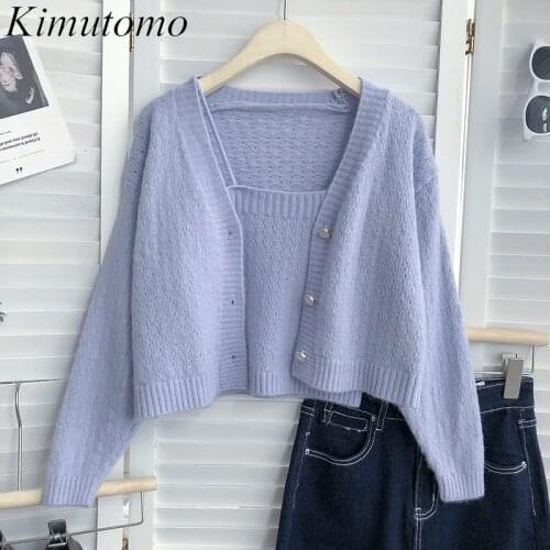 Kimutomo Autumn Casual Two Piece Set Women Korea Fashion Long Sleeve V-neck Knitted Cardigan + Short Solid Sling Ladies Suit