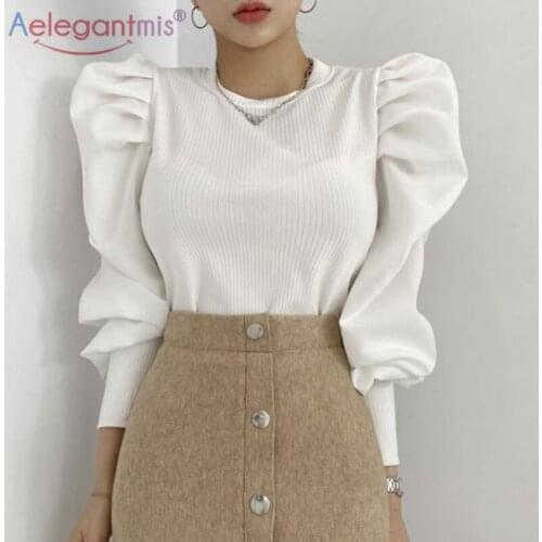 Aelegantmis Vintage Puff Sleeve Oversized Knitted Pullovers Women Fashion Office Lady Sweater Korean Elegant Stretch Jumper Tops