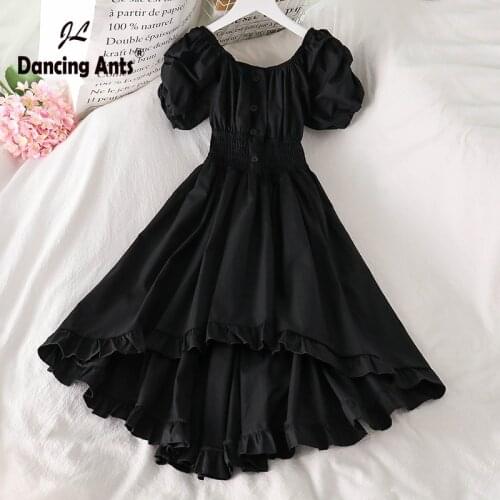 Dresses for Women Vintage Gothic Dress Elegant O-neck Short Puff Sleeve High Waist Mid-length Dark French Chic Vestidos