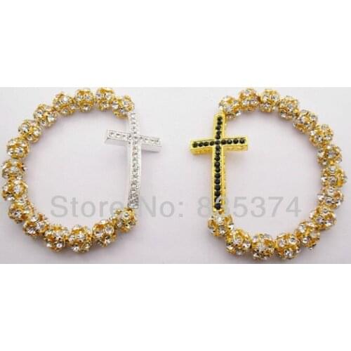 10pcs Charm SIDEWAYS Cross Bracelets Gold Tone Rhinestone Crystal Disco Pave Balls With Crystal Cross Stretch Bracelets