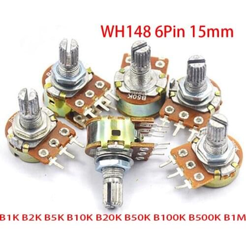 5pcs B1K B2K B5K B10K B20K B50K B100K B500K B1M 6Pin Shaft WH148 15mm Potentiometer 1K 2K 5K 10K 20K 50K 100K 500K 1M