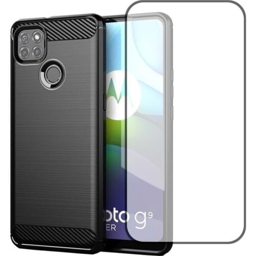 Shock Absorption Cover Soft TPU Anti Scratch Carbon Fiber Design Back Case With Screen Protector for Motorola Moto G9 Power