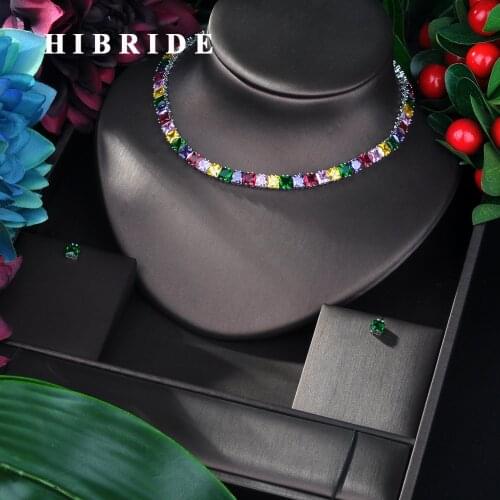 HIBRIDE New Arrival AAA Cubic Zirconia 2pcs Jewelry Set Fashion Square Shape Pendant Necklace and Earring Sets for Woman N-13