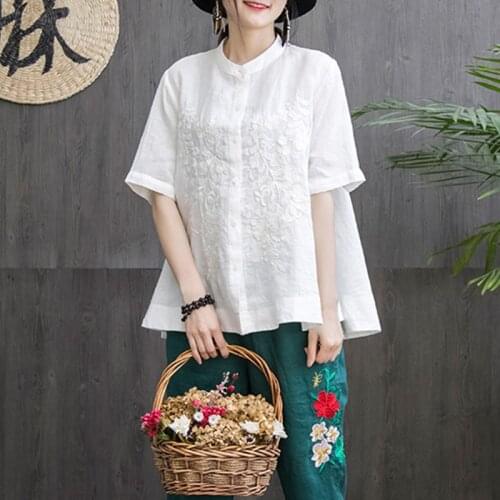 Johnature Stand Collar Tops New 2020 Summer Casual Short Sleeve Solid Color Embroidery Loose 5 Colors Women Shirts