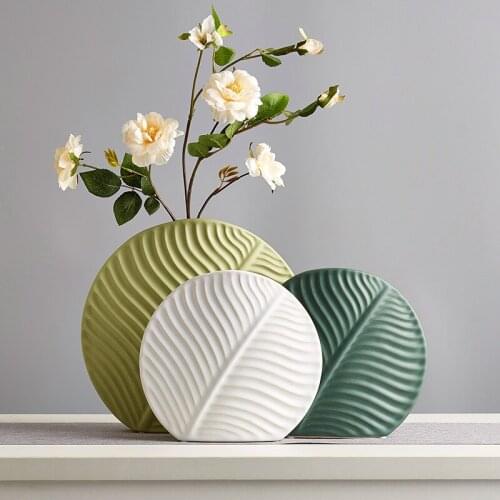 Nordic Home Decoration Ceramic Round Flat Leaf Flower Vase Living Room DecorationOffice Decor Vase Decoration Household Gifts