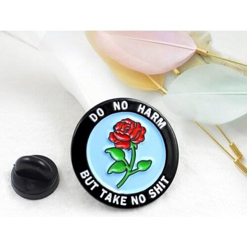 Round Badge Red Roses Flowers Brooch\DO NO HARM BUT TAKE NO \ Circular Enamel Pin Brooch for Kid and Friends Jewelry