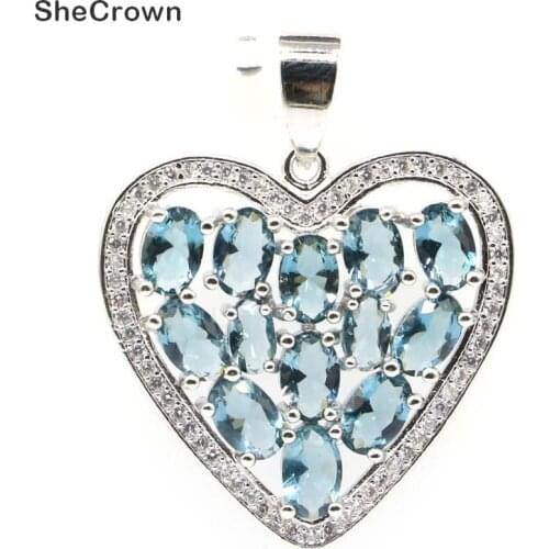 32x29mm Romantic Heart Created London Blue Topaz CZ Gift For Womans Jewelry Making Silver Pendant