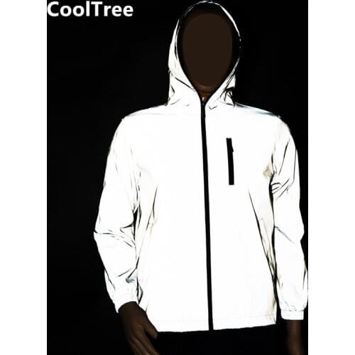 CoolTree Men Women Full Reflective Jacket Spring Autumn Windproof Noctilucent Hooded Coat Unisex Hip Hop Streetwear Outerwear