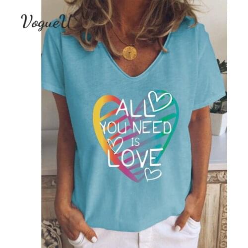 Love Letter Printing Casual Loose V-Neck Short Sleeves T-Shirt Women Graphic Top Tee Fashion Female Tops Streetwear Size S-3Xl