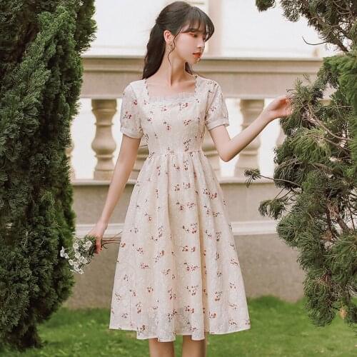 Sweet Vintage Dresses Women French Retro Bohemian Ruffled Lace Square Collar Elegant Floral Floral Vestido Gentle Fairy Dress