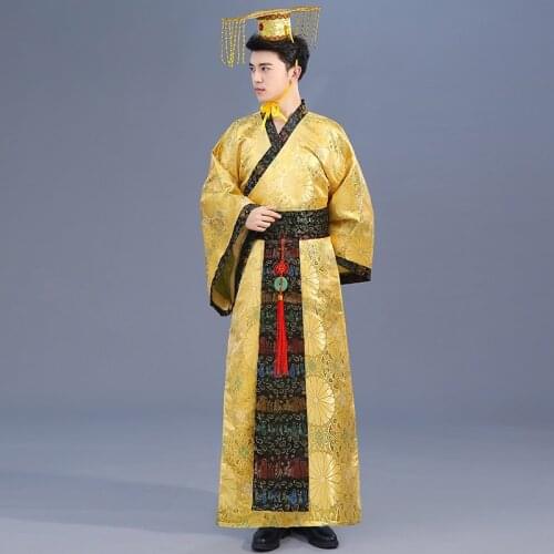 2021 Adult Chinese Traditional Hanfu Dress Men Emperor King Stage Yellow Clothing Tang Suit Costumes MenS Robe+Hat Sets F376