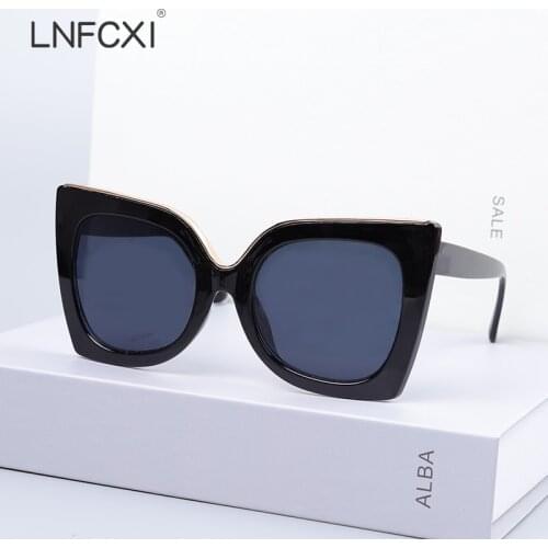 LNFCXI Fashion Women Men Sunglasses Brand Designer Retro Cat Eye Female Big Male Female Sun Glasses Vintage Eyewear UV400