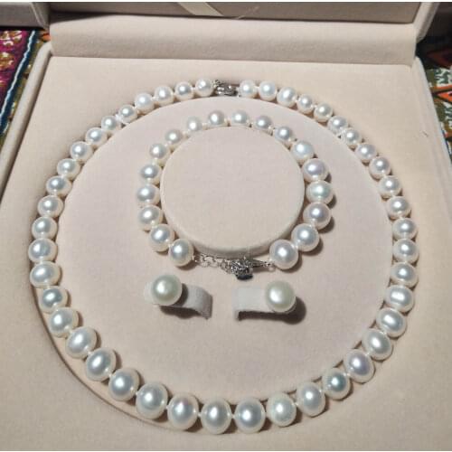 High Quality 925 Sterling Silver Natural Freshwater Pearl Sets Pendant & Earrings & Bracelet For Mother / Friends Gift
