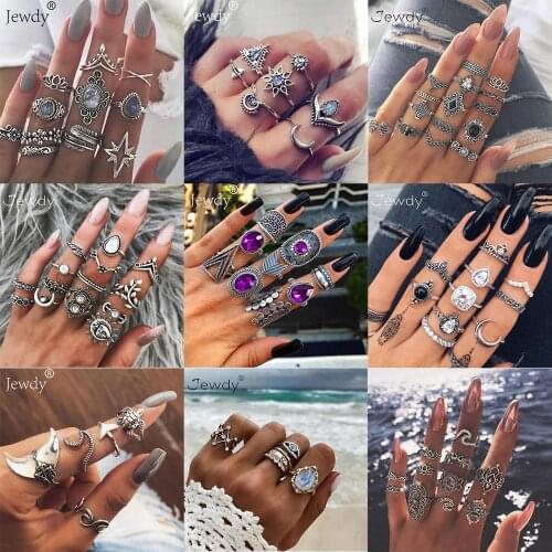 50 Styles Boho Punk Rings Set Hollow Triangle Water Drop Sun Gem Crystal Decorations Accessories for Women Stone Finger Jewelry