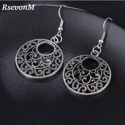 New Boho Vintage Tibetan Silver Color Round Ear Hook Tribal Earrings Retro Big Flower Long Hanging Earrings Statement Jewelry