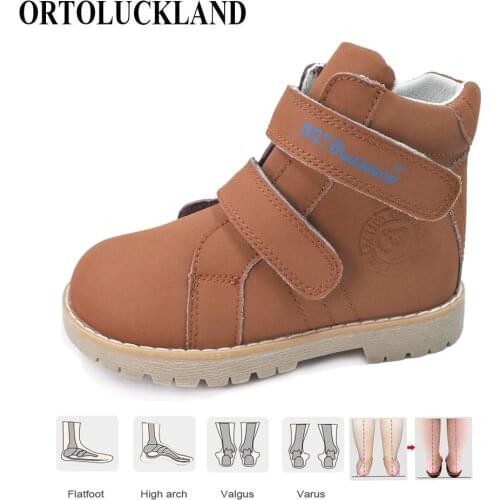 Ortoluckland Kids Leather Casual Shoes Original Orthopedic Shoes Girls Autumn Spring Brown Navy Blue Purple Ankle Boots