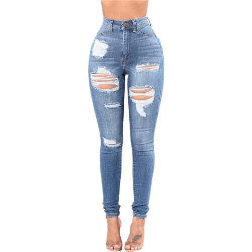 New Women Holes Ripped Jeans Pencil Pants Fashion High Waist Skinny Slim Fitness Stretch Denim Trousers Distressed Streetwear