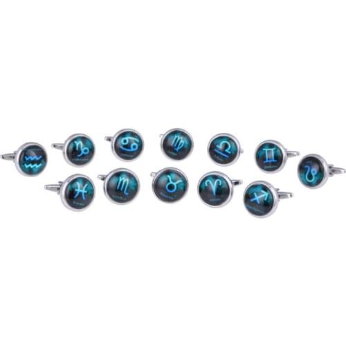 Mixorder 20pairs/lot Luminous Stone 12 Constellations Cufflinks Copper Made Cuff Link Cuff Button Mens Fashion Jewelry Gift