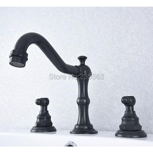 Basin Faucet Black Oil Rubbed Bronze Bathroom Sink Faucets 3 Hole Widespread Basin Mixer Double Handle Hot And Cold Water Lsf540