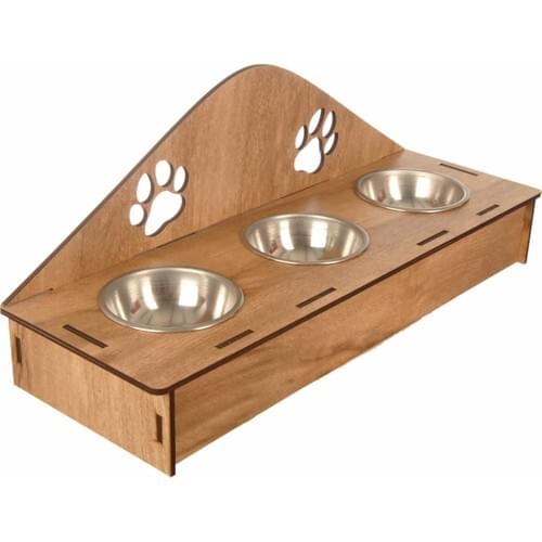 PetPro Steel Bowl Wooden Paw Pattern 3-Piece Cat Dog Food and Water Container