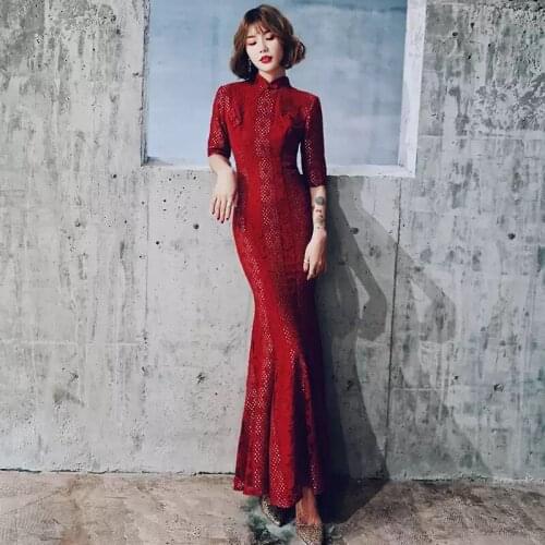 Evening Dress High Neck Vintage New Half Sleeves Embroidery Pleat Floor-Length Mermaid Plus size Women Formal Party Gown C786