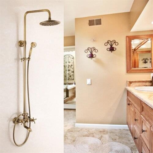 Vidric Shower Faucets Antique Brass Shower Set Faucet Tub Mixer Tap Handheld Shower Wall Mounted Rainfall Bath Crane Shower W