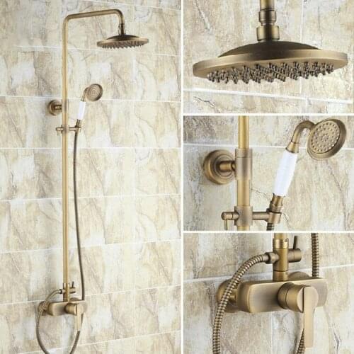 Vintage Retro Antique Brass Single Handle Lever Bathroom 8 Inch Round Rain Shower Faucet Set Mixer Tap Hand Shower mrs176