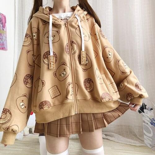 Harajuku Kawaii Bear Zip Up Hoodie Women Cute Fleece Hooded Jacket Teen Girls Winter Oversized Long Sleeve Warm Outerwear