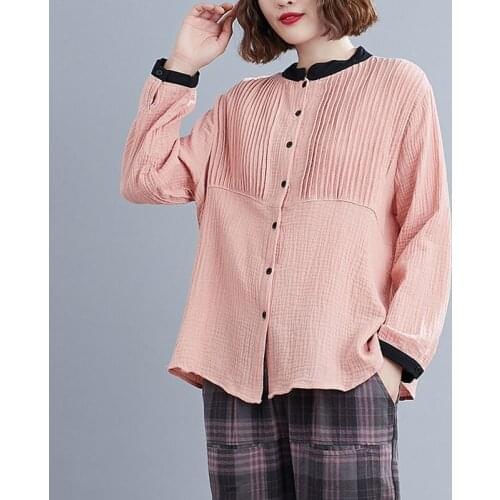Women Cotton Long Sleeve Shirts New Arrival 2021 Spring Simple Style Vintage Stand Collar Loose Female Casual Tops S3729