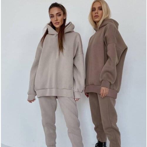 Casual Elegant Solid Sets for Women Warm Hoodie Sweatshirts + Long Pant Fashion Two Piece Sets Ladies Sports Suit 2021 Autumn
