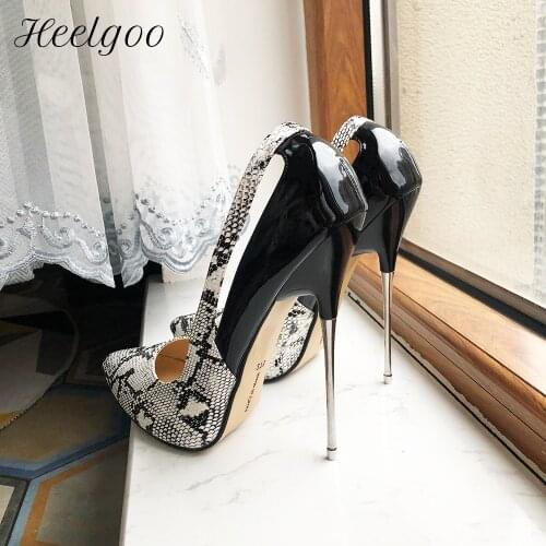 Heelgoo Snakeskin Embossed Women Patchwork Pointed Toe Stiletto Pumps Sexy Ladies Club Party 16cm High Metal Heel Shoes